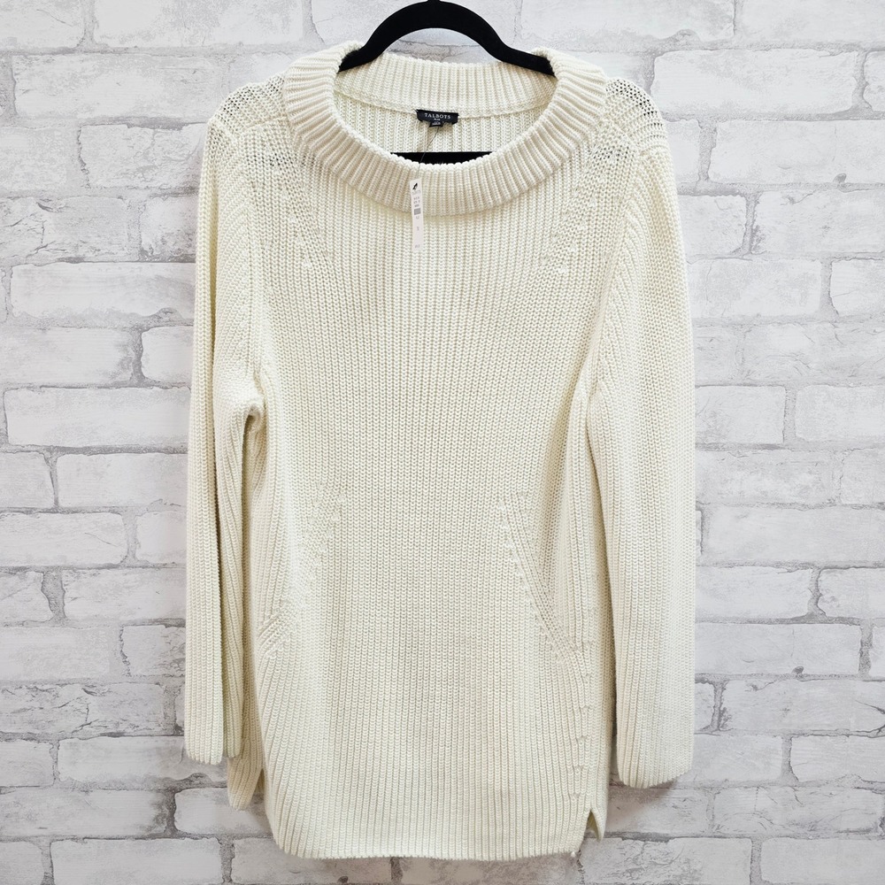 NWT Talbots Plus Size 1X Cream Ivory Shaker Stitch Funnel Neck‎ Sweater NWT